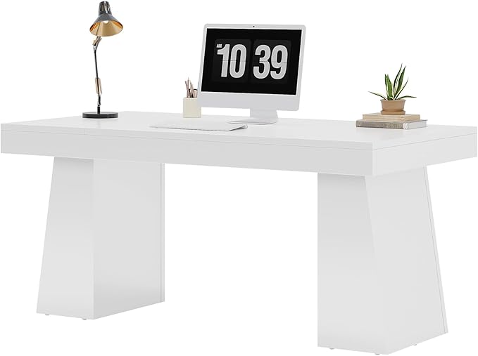 Tribesigns 55-Inch Executive Desk Large Wood Office Computer Desk with Double Pedestal Modern Minimalist Workstations Writing Table Conference Table Furniture for Home Office White