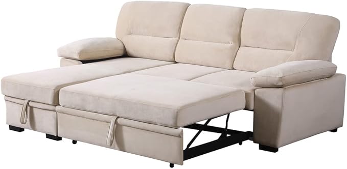 Lilola Home Kipling Beige Velvet Fabric Reversible Sleeper Sectional Sofa Chaise