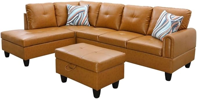 Ginger L-Shaped 3-Piece Faux Leather Sofa with Storage Ottoman Set Sectional Couch Sofa Set for Living Room Office Small Space