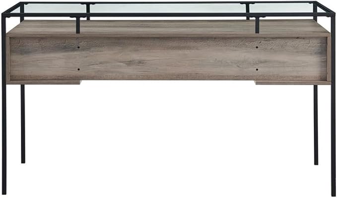 Pemberly Row 56 2-Drawer Writing Desk Tempered Glass Top and Gray Wash Finish Mixed Materials with Metal Frame Modern Executive Desk for Home Office or Workspace Use
