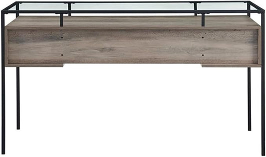 Pemberly Row 56 2-Drawer Writing Desk Tempered Glass Top and Gray Wash Finish Mixed Materials with Metal Frame Modern Executive Desk for Home Office or Workspace Use