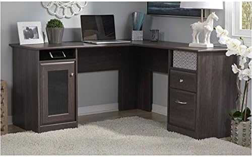 Pemberly Row 60 L-Shape Desk Engineered Wood in Heather Gray Durable Transitional Home Office Corner Desk with Storage Cabinet File Drawer Adjustable Shelf Wire Management Grommets