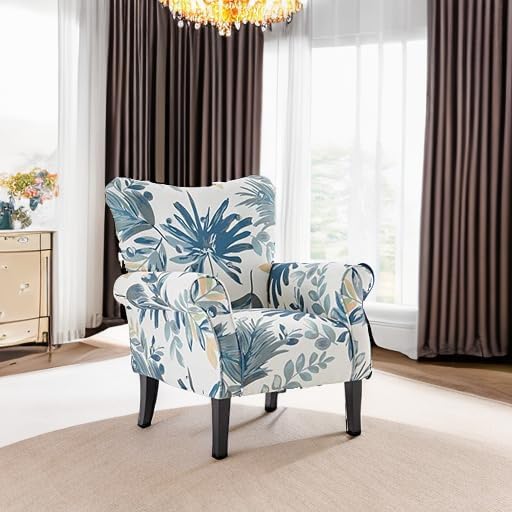 BELLEZE Modern Accent Chair High Back Armchair Upholstered Wingback Side Chair Padded Single Sofa with Wooden Legs for Living Room Bedroom - Green Blue Floral