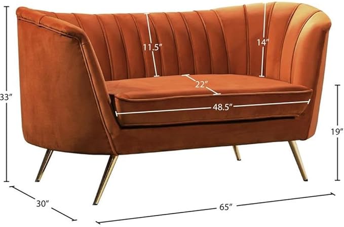 Meridian Furniture Margo Collection Modern | Contemporary Velvet Upholstered Loveseat with Deep Channel Tufting and Rich Gold Stainless Steel Legs Cognac 65 W x 30 D x 33 H