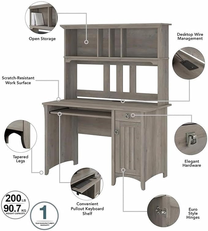Pemberly Row Small Computer Desk with Hutch Driftwood Gray Finish Engineered Wood 47W x 23D x 63H Compact Design Mission Style Built-in Wire Management and Storage for Home Office Use