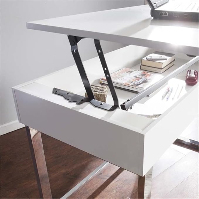 BOWERY HILL Modern Adjustable Height Wood &amp Metal Sit-Stand Desk 47.75 W x 23.75 D x 32 H High Gloss White Finish Ergonomic Lift-Top with Hidden Storage Contemporary Style Home Office Desk
