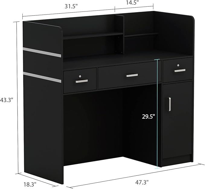 Homsee Modern Reception Desk with 3 Drawers 1 Door Storage Cabinet &amp Hutch Shelf Office Wooden Computer Desk Writing Study Table PC Laptop Desk Black (47.3 L x 18.3 W x 43.3 H)
