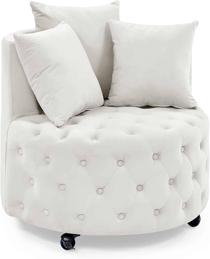 Velvet Upholstered Swivel Chair for Living Room with Button Tufted Design and Movable Wheels Including 3 Pillows Beige