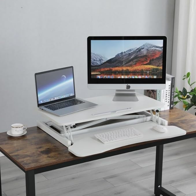 32 Inch Height Adjustable Sit to Stand Desk Converter Riser Workstation with Wide Keyboard Tray Computer Gaming Desks Home Office Corner Desks Bedroom Craft Study TableWhite