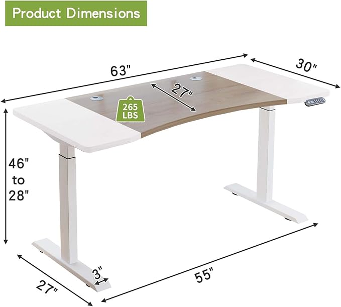 63 Curve Electric Standing Desk Adjustable Height White Seated Stand up Computer Desks for Work Office Home Ergonomic Lift-up Gaming Tables with Wheels &amp Splice Board &amp USB (Oak white/63/HL