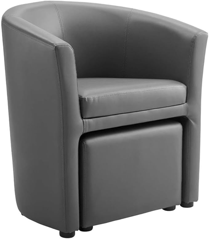 Pemberly Row Modern Faux Leather Armchair and Ottoman Gray Finish Foam Padded Upholstery Wooden Frame Self-Storage Tuck Away Ottoman 30 H x 22 W x 28 D Living Room or Lounge Seating
