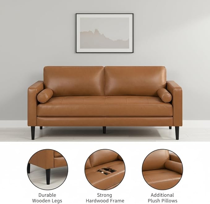 Naomi Home Genuine Leather Sofa - Revel in Exquisite Leather Opulence - Unparalleled Luxury Mid Century Sofa Embodiment of Cozy Lounging and Contemporary Design Tan
