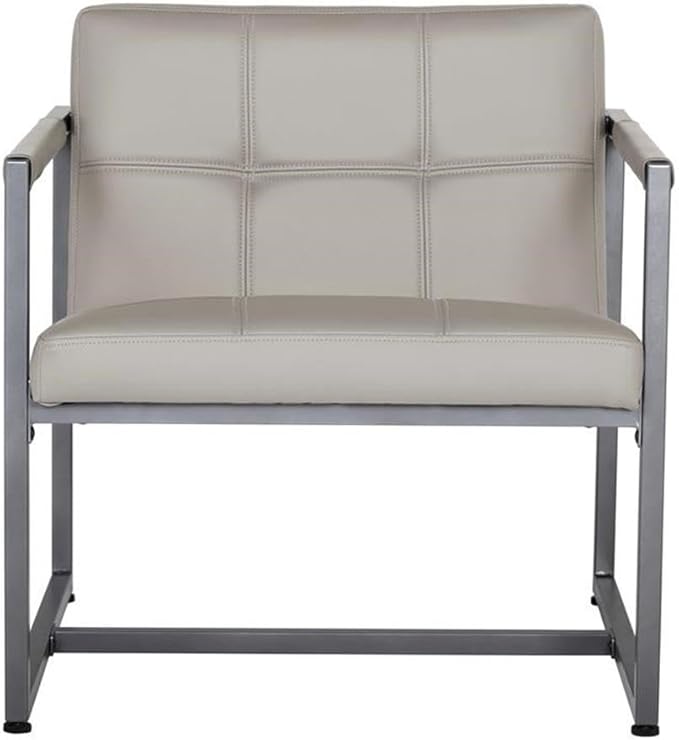 Pemberly Row Small Accent Chair Metal and Leather Pewter Finish Off White Mushroom Color 27.5 W x 30.5 D x 29.25 H Mid-Century Style Living Room or Office Seating Durable Powder-Coated Frame