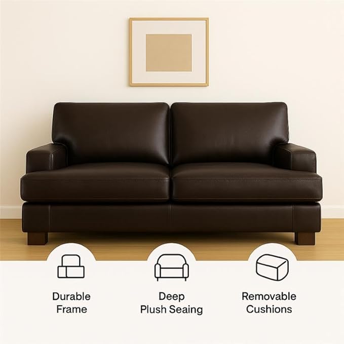 Naomi Home Genuine Leather Loveseat – Goose Feather Cushion Filling Square Arm Design Sturdy Block Legs – Cozy 2-Seater Sofa – Ideal for Living Room Office or Bedroom Espresso