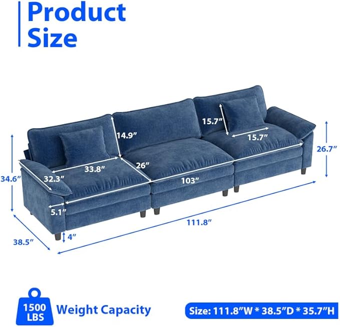 120 Sectional Sofa Chenille Fabric with Pillows and Cushion3 Seat Modern Sofa Couch for Living Room BedroomBlue