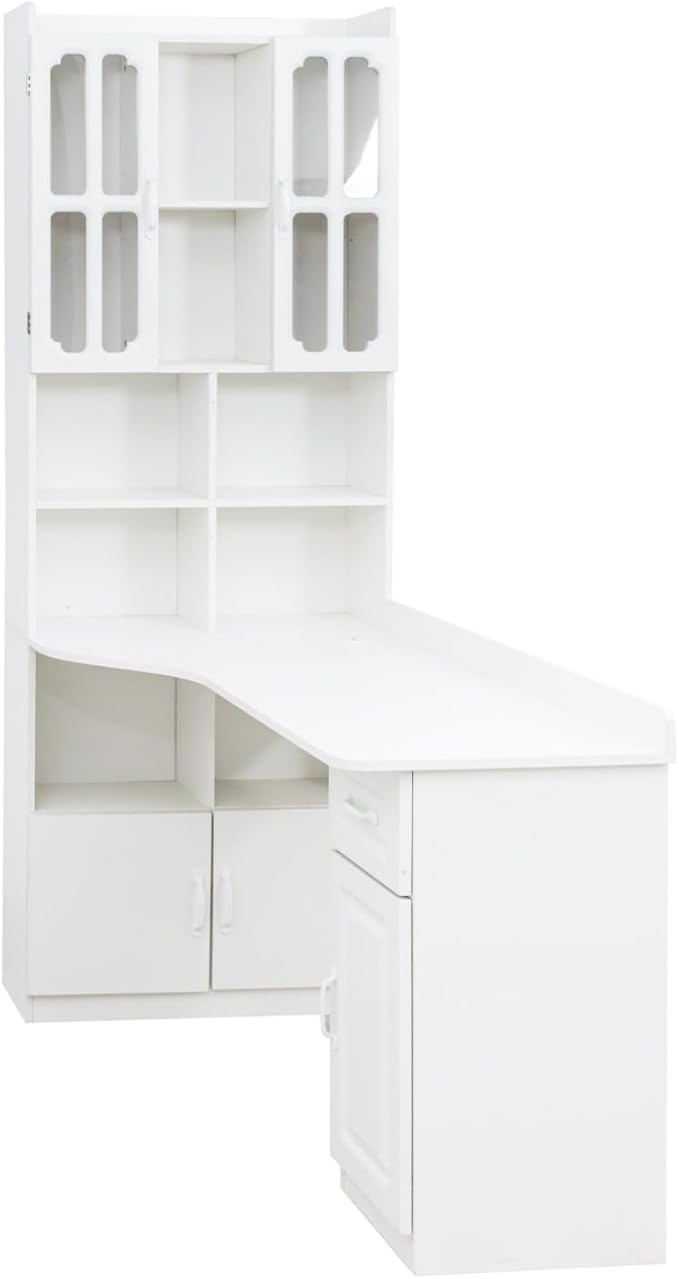 KEIKI Home Office Desks with Hutch Drawers Bookshelf Storage Cabinet &amp Glass Doors Modern Wooden Computer Corner Table for Work Study Writing