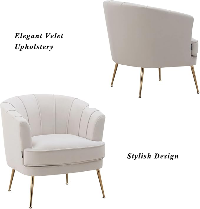 Artechworks Modern Velvet Barrel Chair Accent Armchair with Golden Legs for Living Room Bedroom Home Office Channel Tufted Back Club Chair Beige White Cream