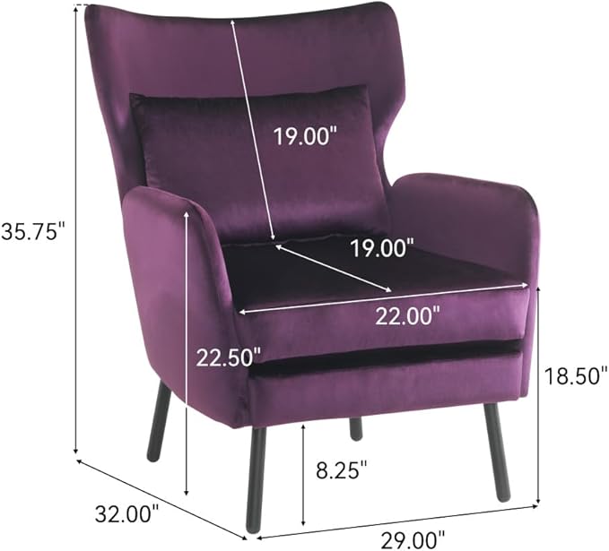 Chair reclinerWingback Velvet Accent Chair Modern Upholstered Armchair for Living Room Bedroom and Reception Area Comfortable Single Sofa Chair with Metal Legs and Pillow (Purple + Velvet)