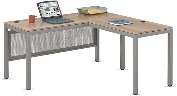 NBF Reversible L-Shaped Executive Office Desk - Durable Espresso Laminate Computer Desk with Steel Frame - At Work Modern Desk with 3 Grommet Holes - 60 W x 60 D W Office Work Desk (Tan)