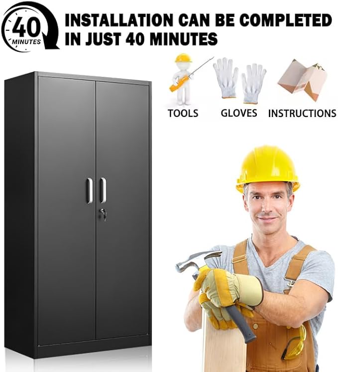 Metal Storage Cabinet with Adjustable Shelves Garage Cabinet with 2 Lockable Doors Garage Storage Cabinet Kitchen Pantry Cabinet - 71'H Black