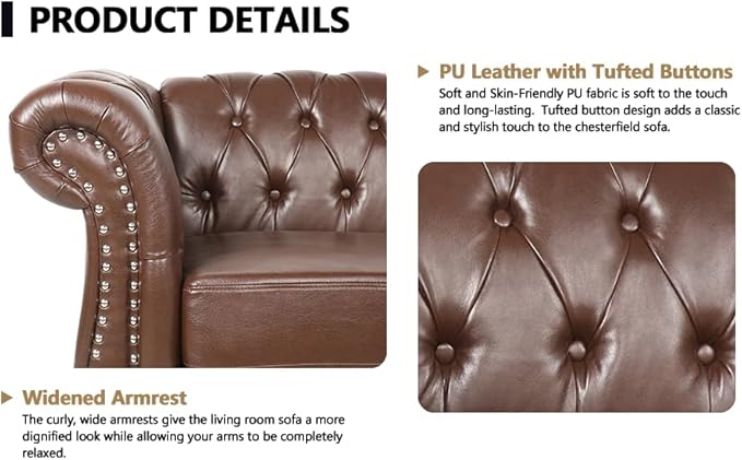 Chesterfield Three Seater Sofa Mid-Century Modern Faux Leather 3-Seater Upholstered Couch Tufted Living Room Sofa with 2 Pillows and Button Nailhead Brown