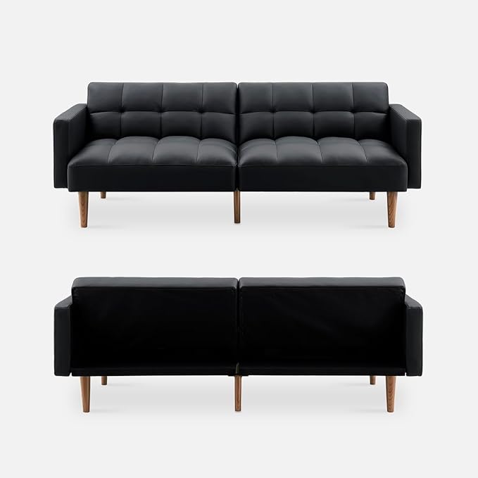 mopio 76.4 Futon Sofa Bed Couch Loveseat Sleeper Sofa Mid Century Modern Futon Couch Sofa Cama Couches for Living Room (Aaron PU Midnight Black)