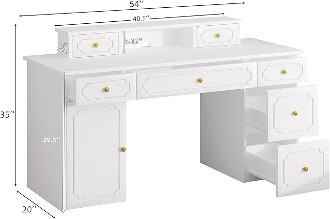 Catrimown White Desk with 7 Drawers 54 Inch Computer Desk with Cabinet for Work Writing Study Vanity Desk with Golden Handle for Girls Bedroom