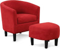 INZOY Modern Accent Chair with Ottoman Upholstered Barrel Reading Chair with Foot Rest Comfy Fabric Armchairs for Living Room Bedroom Small Spaces Easy to Assemble (Red)