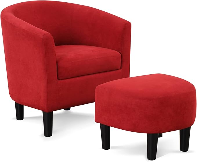 INZOY Modern Accent Chair with Ottoman Upholstered Barrel Reading Chair with Foot Rest Comfy Fabric Armchairs for Living Room Bedroom Small Spaces Easy to Assemble (Red)