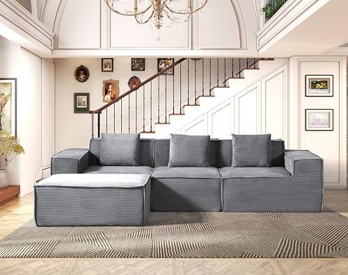 Harper Convertible Corduroy Sectional Couch with Ottoman &amp Pillows Modular L Shaped Sleeper Sofa Boneless Cloud Couch for Living Room Furniture Dark Grey
