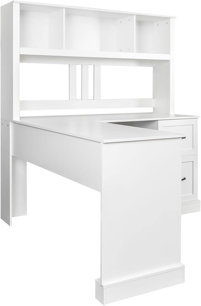 L Shaped Desk with Drawers and Hutch Home Office Desk with Storage Shelves Corner Gaming Computer Table for Writing Work Bedroom Living Room White (Style-06)