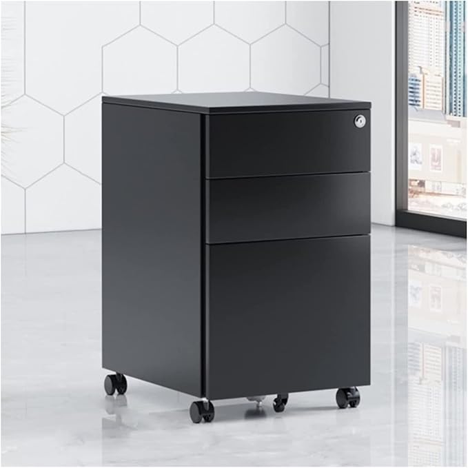 Floor Standing File Cabinet Movable Cabinet Three Drawers Steel Movable Push Cabinet Lockable Storage Cabinet (Gold)