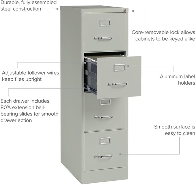 Pemberly Row 4 Drawers 52 Vertical Gray Metal Filing Cabinet Lockable Pre-Assembled Stationary Letter Size for Home Office