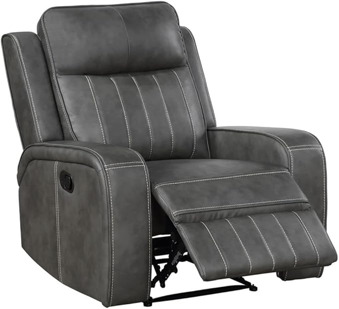 Pemberly Row Modern Faux Leather Upholstered Recliner Chair Manual Wall Hugger Gray 41.25 H x 35.75 W x 40.5 D Foam Padding Pocket Coil Spring Cushion Cozy Seating for Living Room or Home
