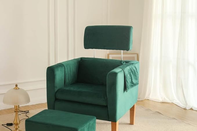 TAKUKA Modern Accent Chair with Ottoman SetComfy Velvet Fabric Armchair with Footrest Upholstered Chair with Side Pocket Soft Reading Lounge Chair for Living RoomBedroomOffice (Velvet Green)