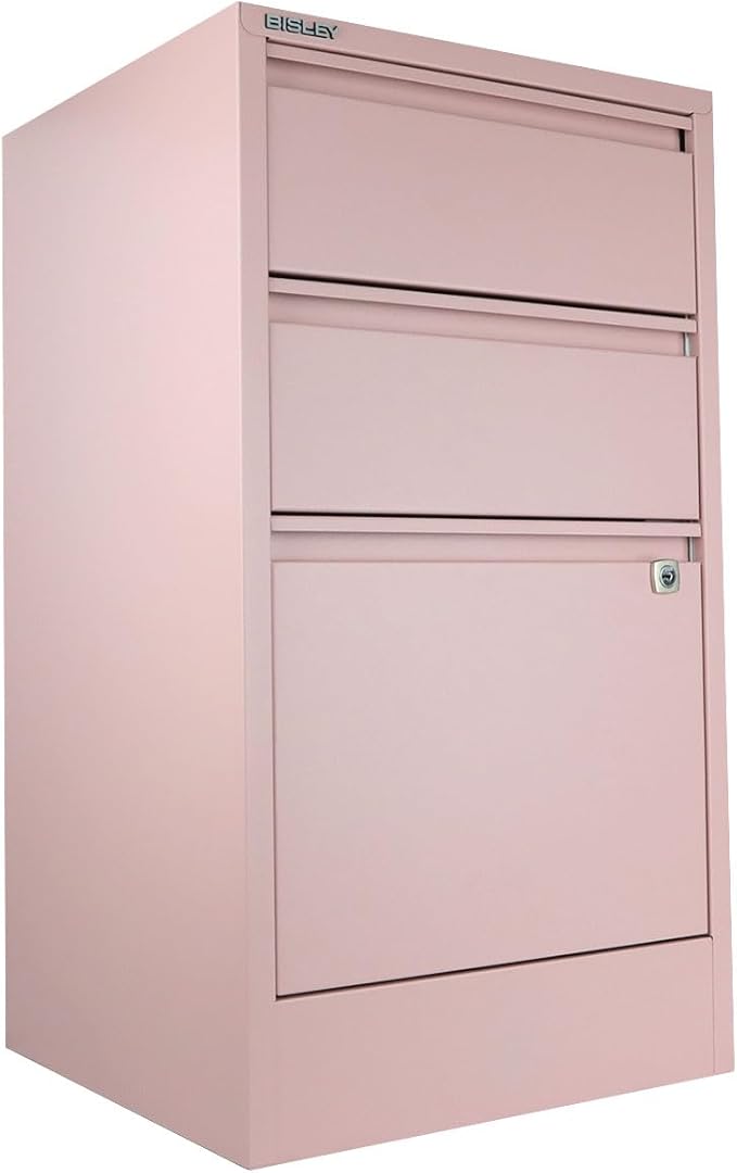 Bisley 3-Drawer Flush Front Vertical File Cabinet - Palest Pink 2 Utility Drawers + 1 Hanging File Drawer Powder-Coated Steel Locking Bottom Drawer