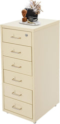 Office File Cabinet w/4 Wheels 6 Drawer Metal Small Vertical File Cabinets w/2 Lock Smooth Edges Mobile Storage Cabinet File Organizer for Home Office Living Room 11 * 16 * 27in (Beige)