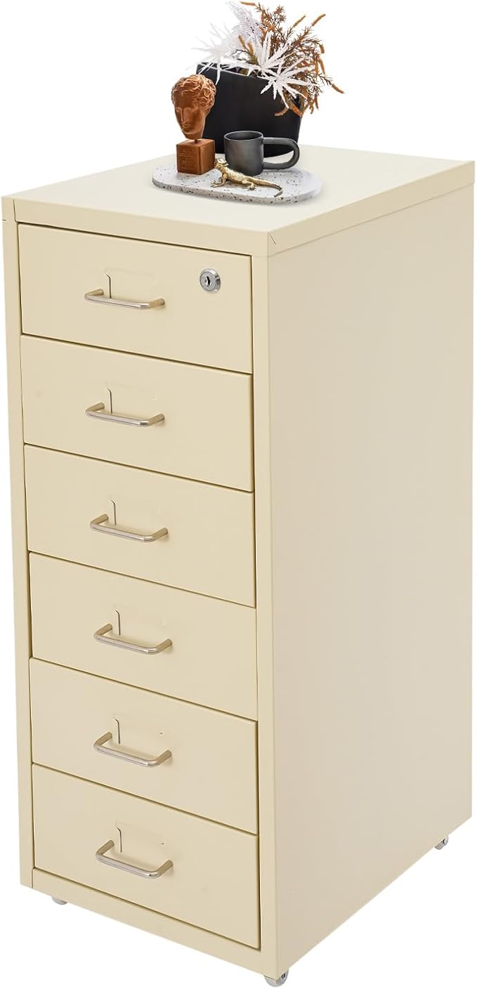 Office File Cabinet w/4 Wheels 6 Drawer Metal Small Vertical File Cabinets w/2 Lock Smooth Edges Mobile Storage Cabinet File Organizer for Home Office Living Room 11 * 16 * 27in (Beige)