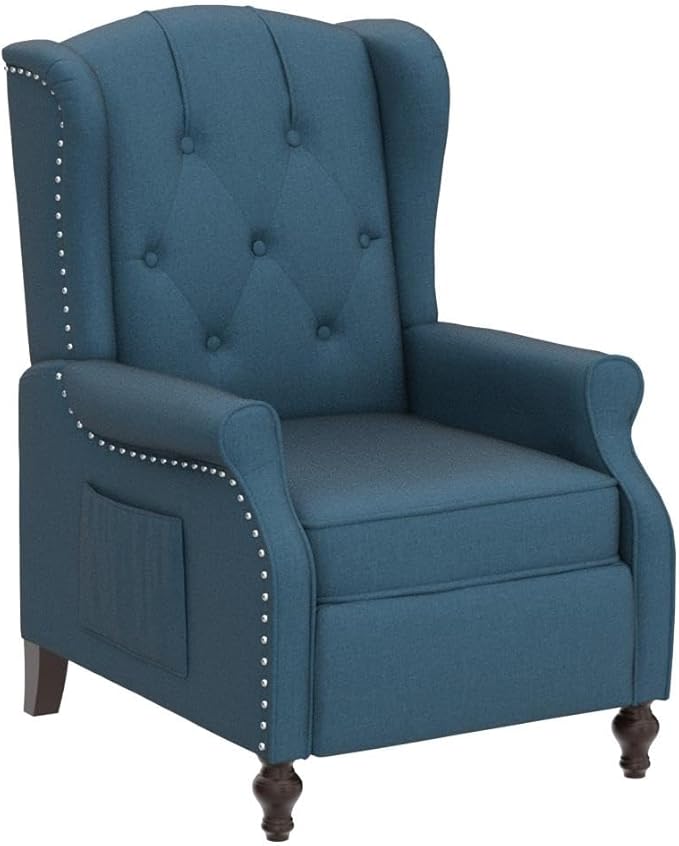 Wingback Recliner Chair with Massage and Heat Tufted Fabric Push Back Recliner Chair for Living Room Vintage Wingback Chair with Remote Control Padded Cushion Backrest Wooden Legs