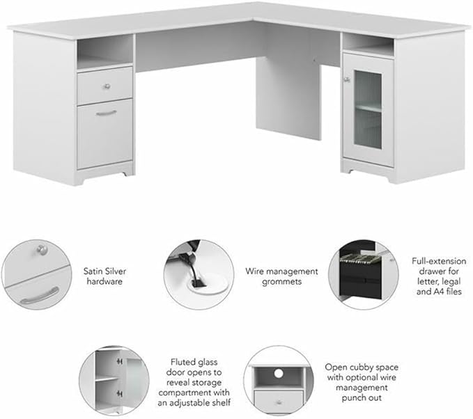 Pemberly Row 72W L Shaped Computer Desk Engineered Wood White Finish Built-in Wire Management Storage Cabinet with Fluted Glass Door File &amp Box Drawers Home Office Desk