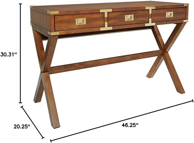Pemberly Row 46 Writing Desk with Power Station 3 Storage Drawers Solid Wood Toasted Wheat Brown Finish Vintage-Inspired Home Office Desk 46.25 W x 20.25 D x 30.31 H