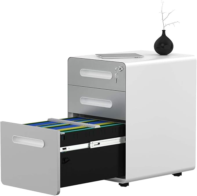 YITAHOME 3-Drawer Rolling File Cabinet Metal Mobile File Cabinet with Lock Filing Cabinet Under Desk fits Legal/A4 Size for Home/Office Fully Assembled-Gray and White
