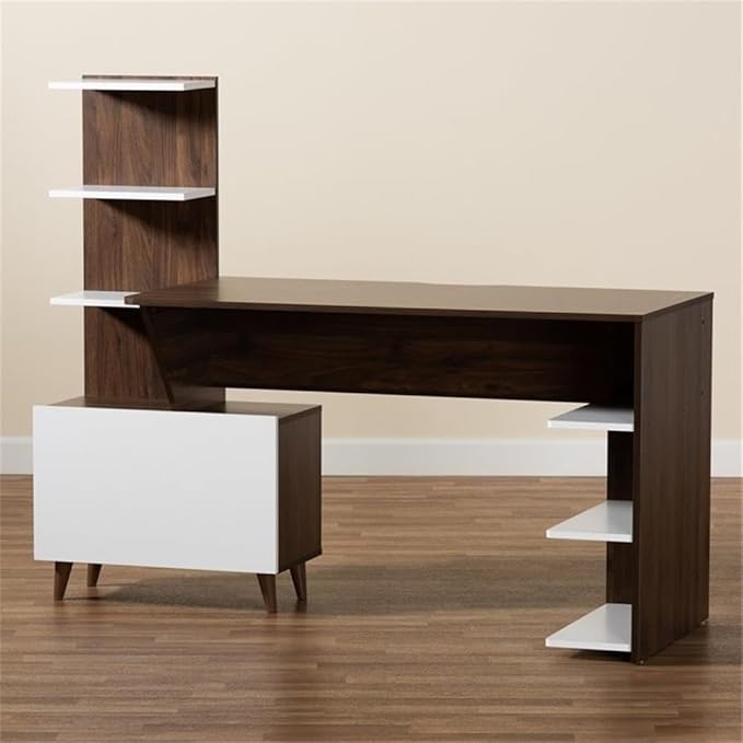 BOWERY HILL Storage Computer Desk 60.6 Wide Wood Construction White and Walnut Brown Finish 6 Shelves with Enclosed Compartment Mid-Century Style for Home Office or Workspace