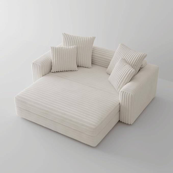 Acanva Oversized Cozy Chaise Lounge Chair Indoor with Removable Ottoman Modern Upholstered Fluffy Sleeper Sofa Bed Comfy Reclining Couch for Living Room Bedroom White