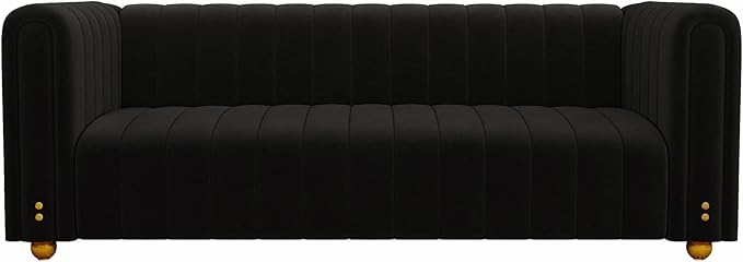 81 Black Velvet Couch for Living Room Large Modern Sofa Comfy Tufted Sofas Chesterfield Couches with Round Handrails and Metal Ball Legs Office Apartment Furniture