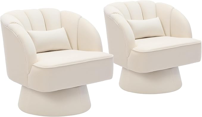 Swivel Barrel Chair - Teddy Bear Velvet Upholstered Modern Armchair with Striped Backrest &amp Plush Padding Round Lounge Chair for Living Room Bedroom Small Spaces Beige - (2 Pcs)