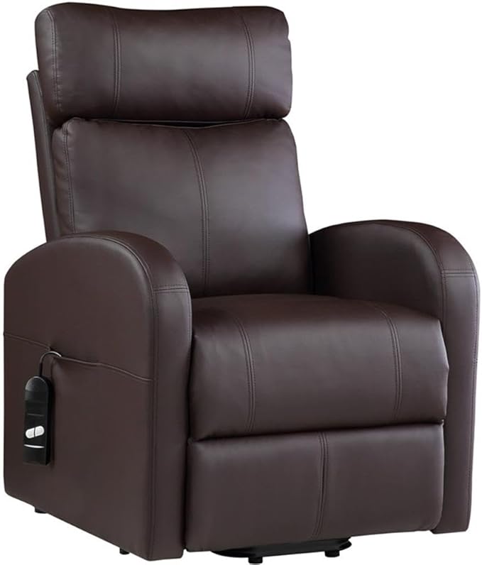 BOWERY HILL Power Lift Recliner 28 W x 37 D x 40 H Brown PU Upholstery Horizontal Tufted Back Contrast Stitching Wired Controller Metal Lift Base Contemporary Style Living Room Chair