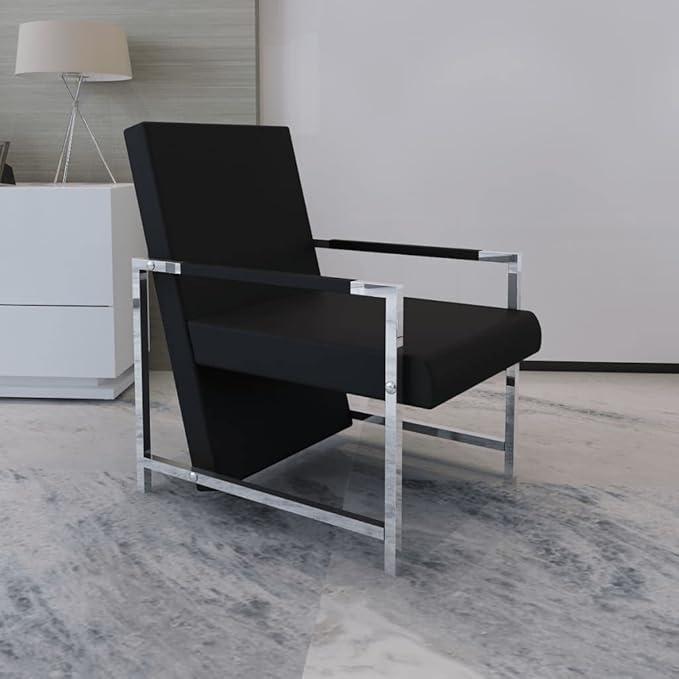 vidaXL Armchair Lounge Chair with Chrome Feet Accent Cube Armchair for Home Office Living Room Bedroom Modern Style Black Faux Leather