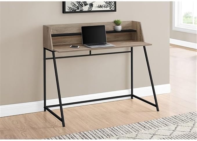 Pemberly Row Computer Desk 47.25 W x 23.75 D x 39.25 H Particle Board and Metal Dark Taupe and Black Finish Storage Hutch with Shelf Contemporary Home Office Laptop or Writing Table