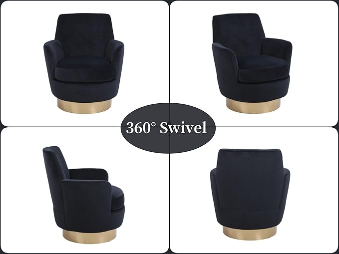 KEIKI Velvet 360° Swivel Barrel Chair with Gold Stainless Steel Base Accent Round Single-seat Upholstered Reading Sofa Armchair for Nursery Reading Living Room Bedroom Lounge Hotel Black Velvet